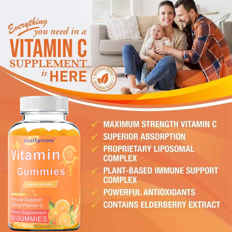 750mg Vitamine C Gummies pour Adultes Soutien Immunitaire avec Vitamines B Sans Gluten Orange