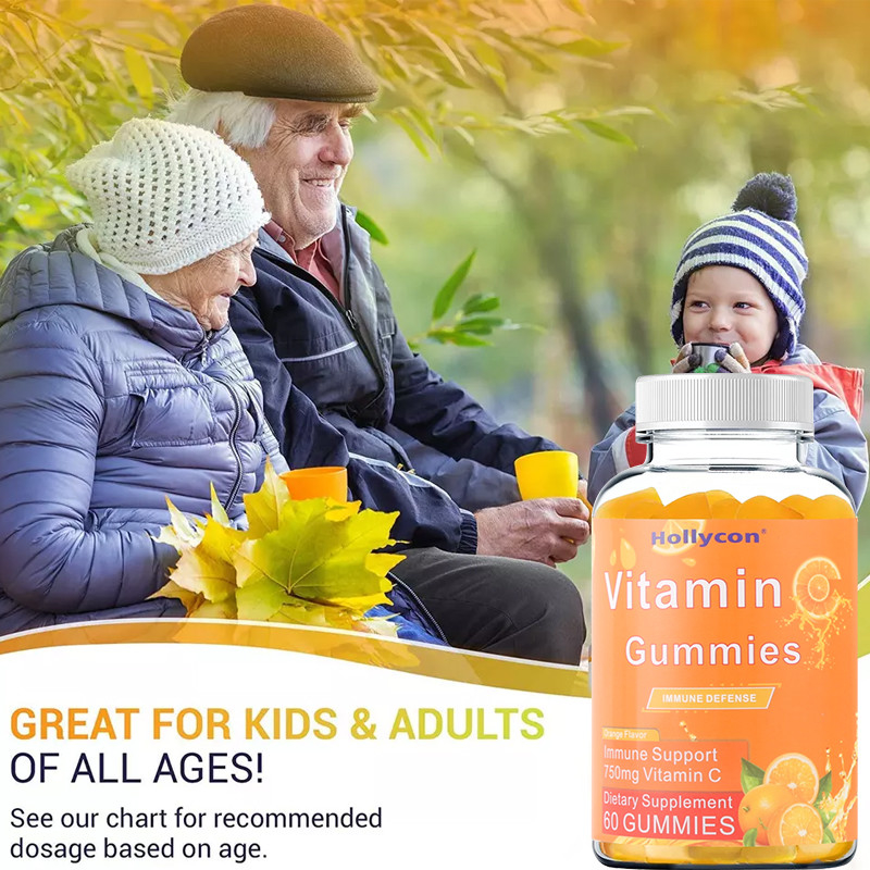 750mg Vitamine C Gummies pour Adultes Soutien Immunitaire avec Vitamines B Sans Gluten Orange