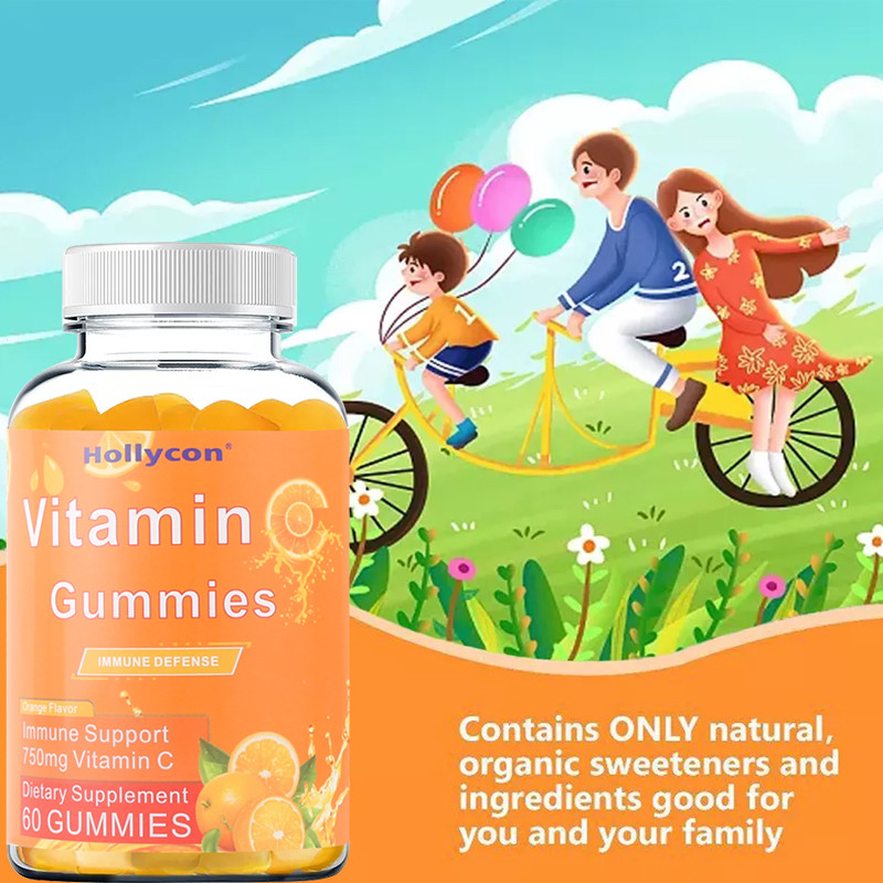 750mg Vitamine C Gummies pour Adultes Soutien Immunitaire avec Vitamines B Sans Gluten Orange