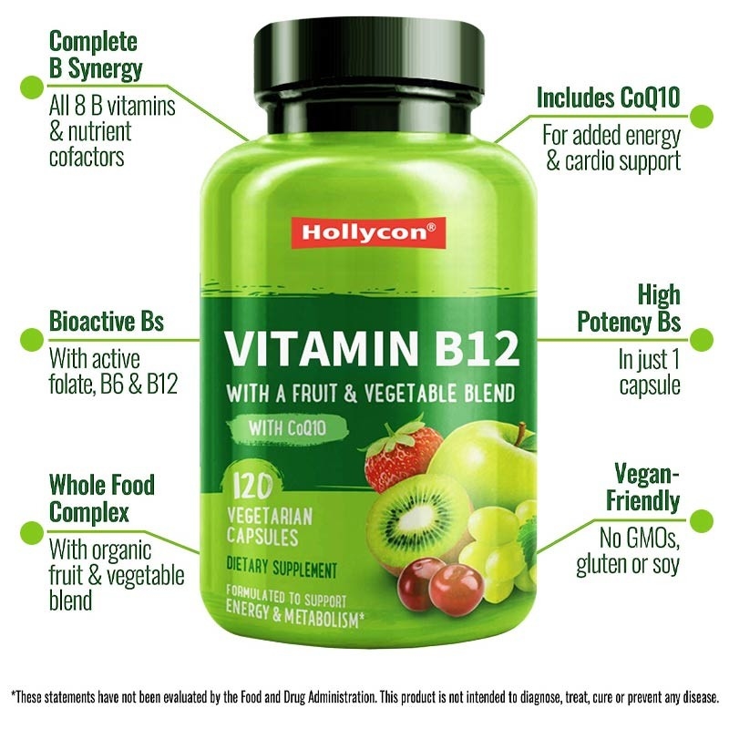 FDA Vitamine b12 Capsules Folate de méthyle Vitamine B6 Mélange de fruits et légumes Soutient l'énergie Végétalien sain