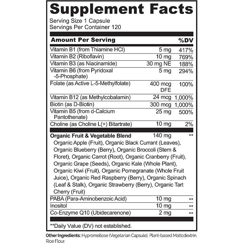 FDA Vitamine b12 Capsules Folate de méthyle Vitamine B6 Mélange de fruits et légumes Soutient l'énergie Végétalien sain