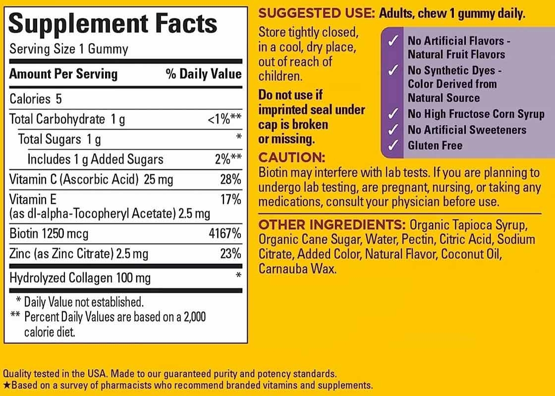 COA Collagène Gummies avec Vitamine C Zinc Biotine 60PCS Pour la santé de la peau Supplément de soutien immunitaire