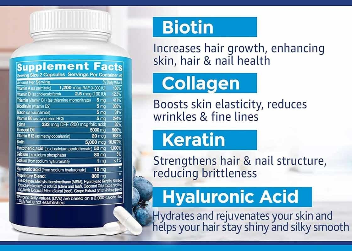 60PCS Biotine Kératine et collagène Capsules aide à maintenir les os articulaires Santé des dents et des ongles Supplément de croissance des cheveux