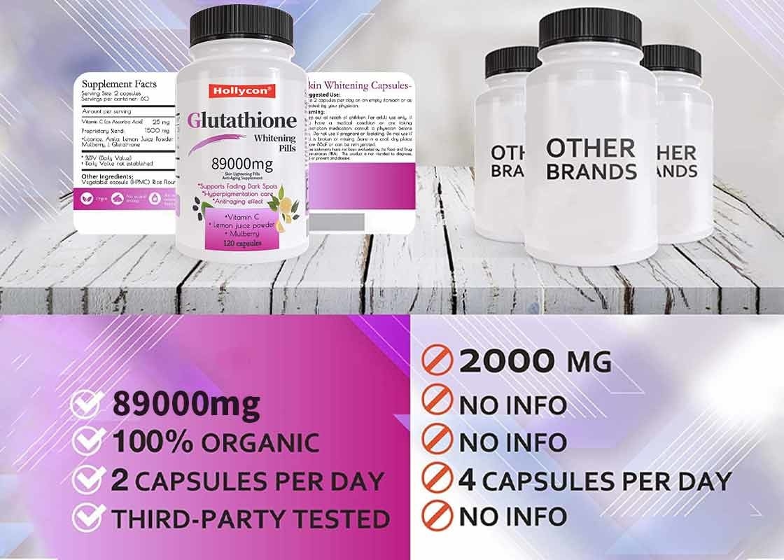 Les pilules blanchissantes au glutathion aident à nourrir la peau et éclairent le ton.