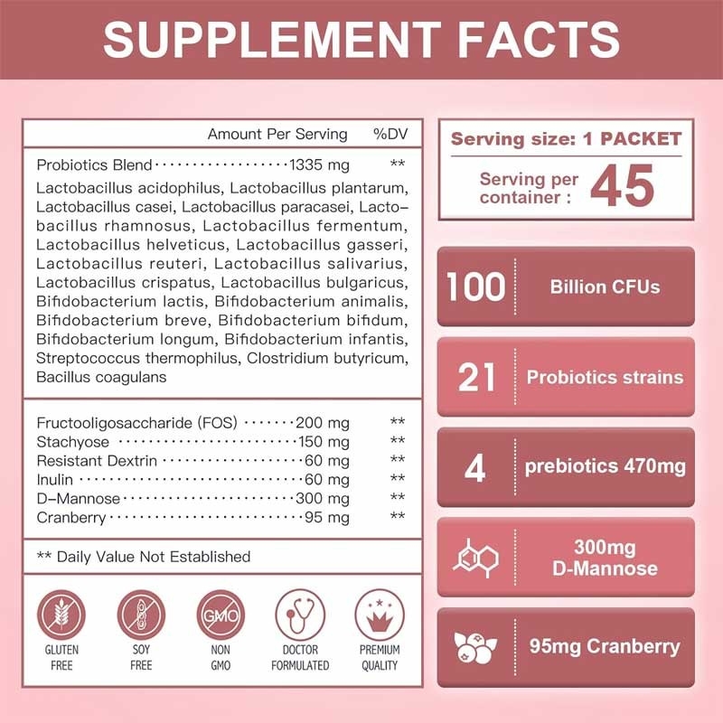 OEM Femmes Probiotique avec D-Mannose et Cranberry Pour les voies urinaires Intestin santé digestive Prébiotiques et probiotiques en poudre