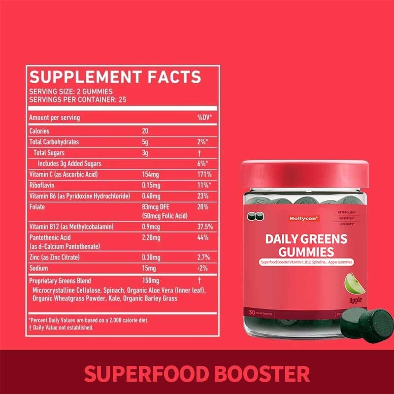2024 Nouveauté de l'arrivée Des gommes de légumes verts quotidiens Superfood Booster Vitamine C B12 Spiruline Gommes de pommes