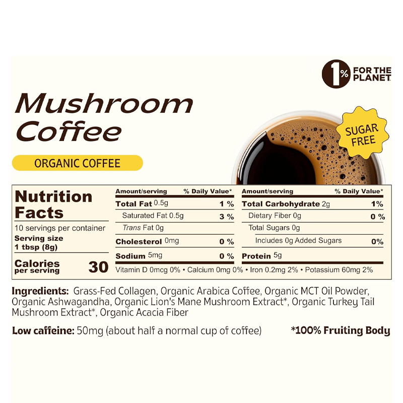 Café à base de champignons instantanés biologiques avec collagène Huile MCT Digestion Supplément de santé Champignons Poudre de café
