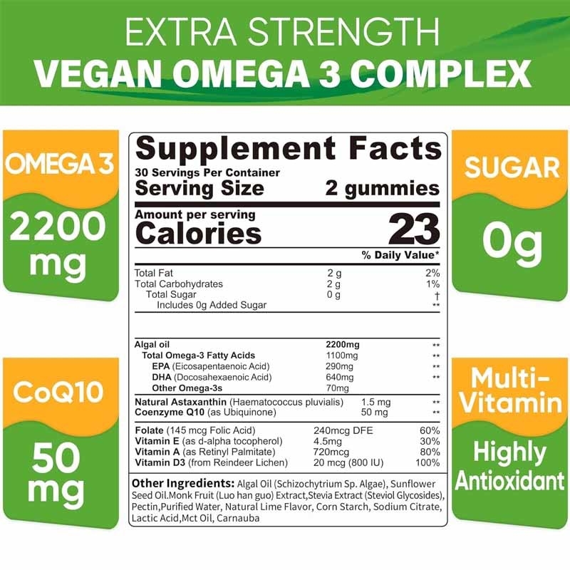 OEM Support DHA Vitamine E A D3 pour le cerveau et l'œil Algues articulaires Oméga-3 2200mg gomme