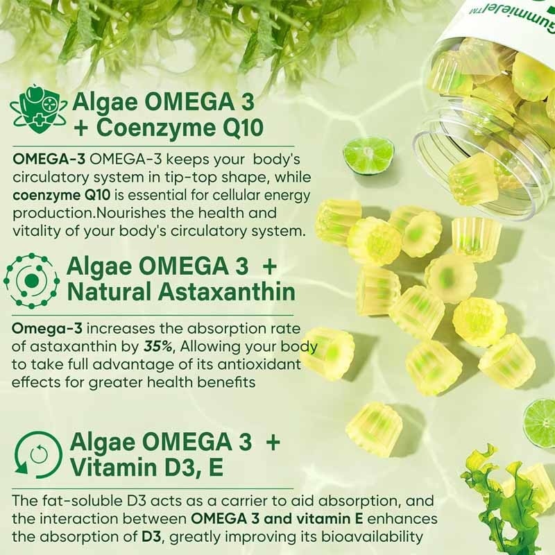 OEM Support DHA Vitamine E A D3 pour le cerveau et l'œil Algues articulaires Oméga-3 2200mg gomme
