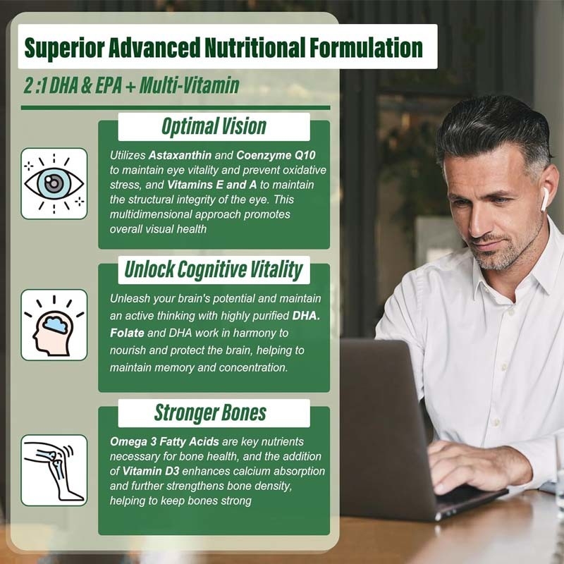 OEM Support DHA Vitamine E A D3 pour le cerveau et l'œil Algues articulaires Oméga-3 2200mg gomme