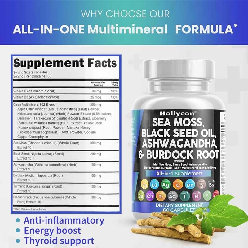 OEM Ashwagandha Curcuma Vitamine C D3 Pour adulte Mousse de mer Capsules d' huile de graines noires