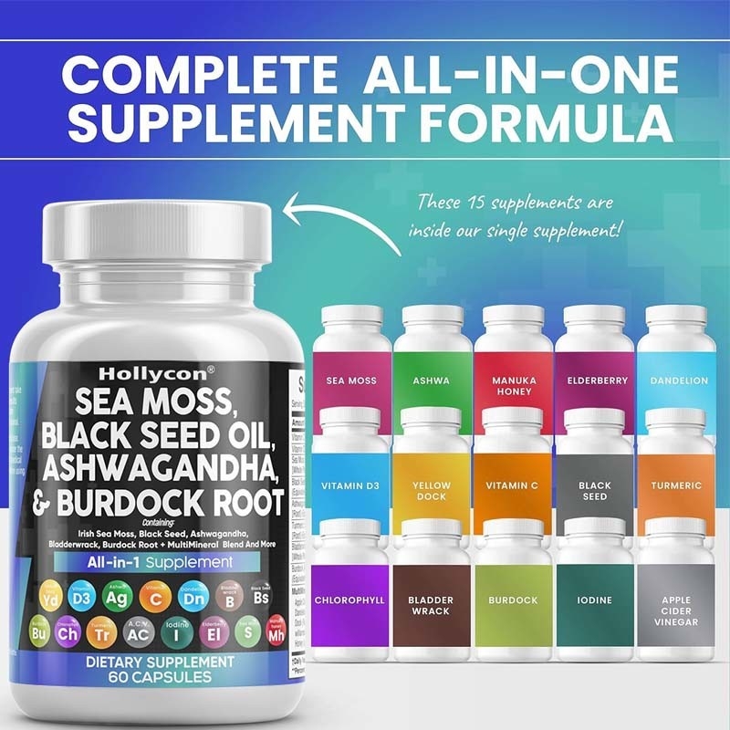 OEM Ashwagandha Curcuma Vitamine C D3 Pour adulte Mousse de mer Capsules d' huile de graines noires