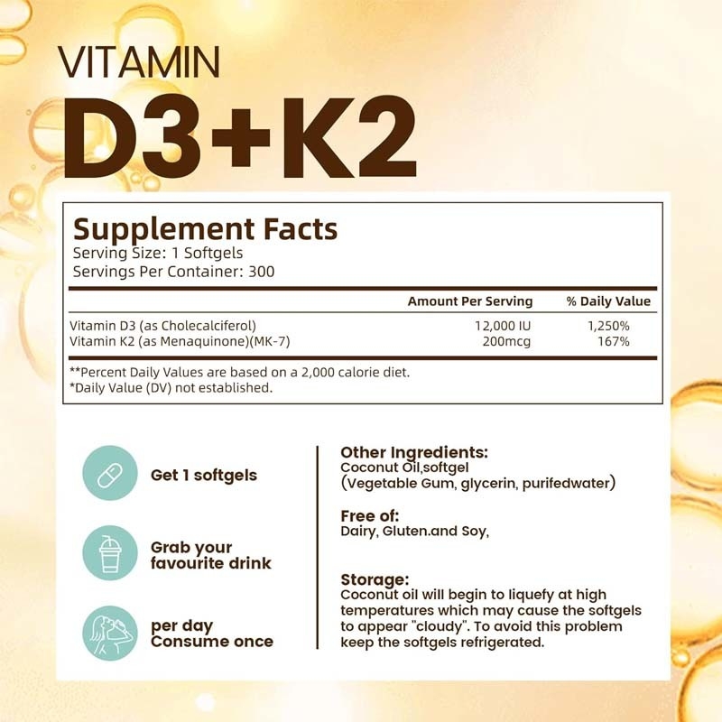 OEM Absorption du calcium Santé des os Immunité et santé du cœur Vitamine D3 K2 Huile de coco Softgels
