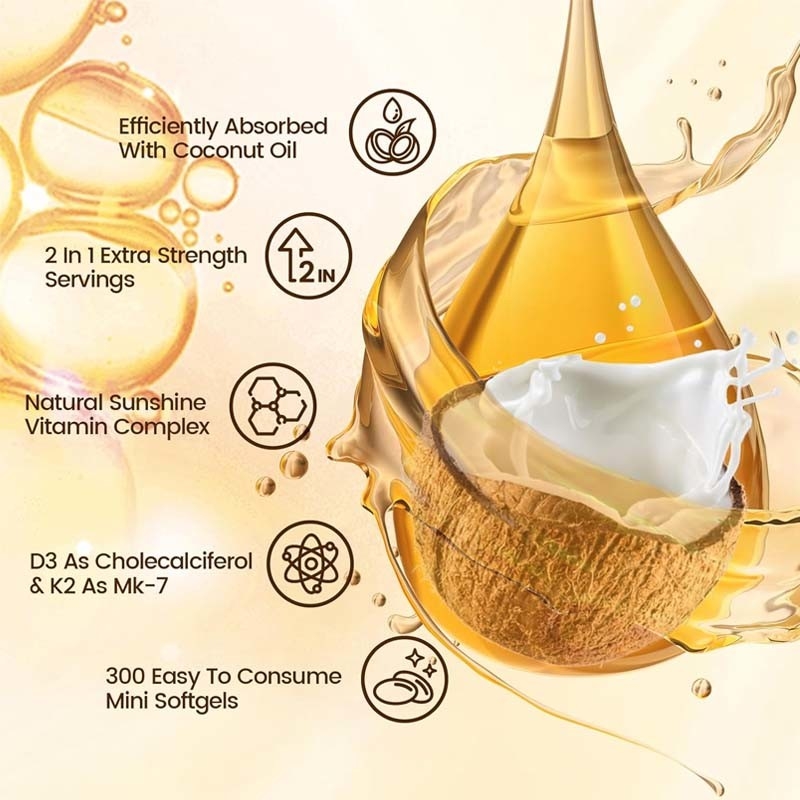 OEM Absorption du calcium Santé des os Immunité et santé du cœur Vitamine D3 K2 Huile de coco Softgels