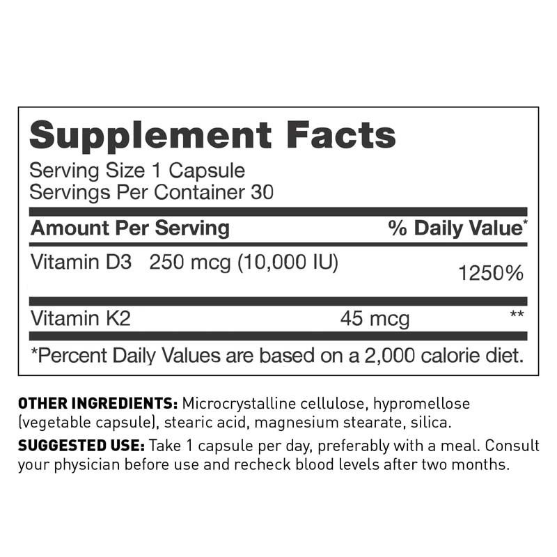 Support immunitaire végétalien de la vitamine D3 + K2 MK7 alimentaire pour adultes