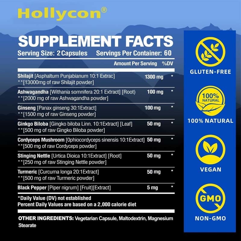 Shilajit capsules 85+ oligo-minéraux énergie et soutien immunitaire pour les hommes et les femmes