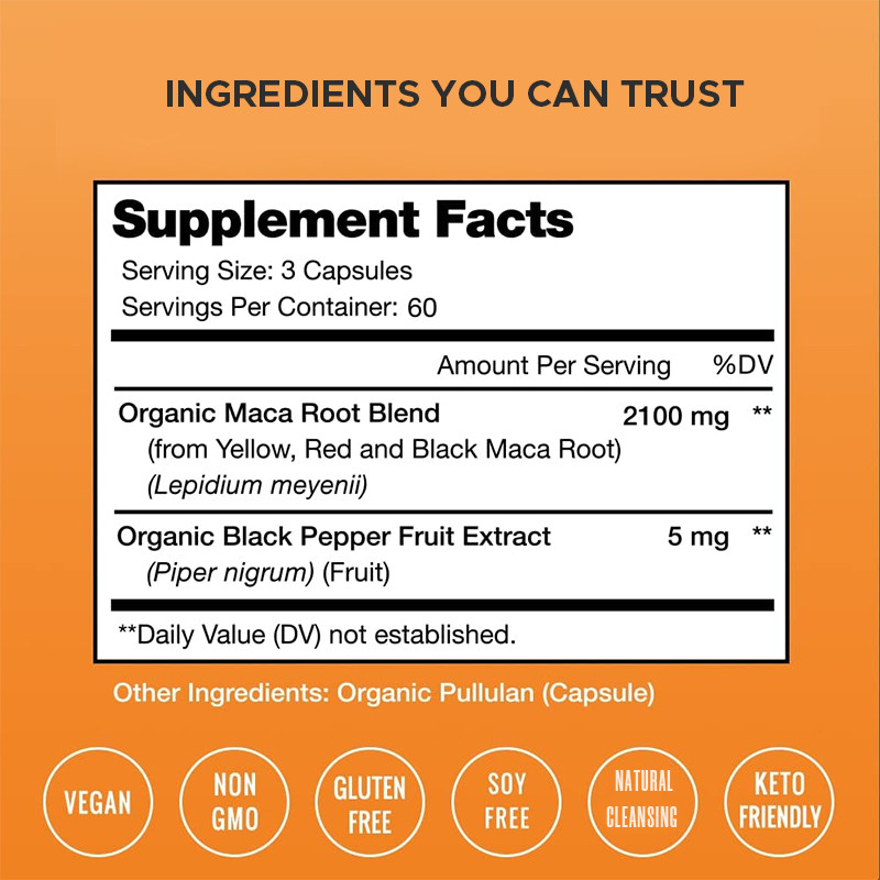Capsules de racine de maca 2100 mg mélange organique de racine de maca pour fournir de l'énergie Capsules de maca