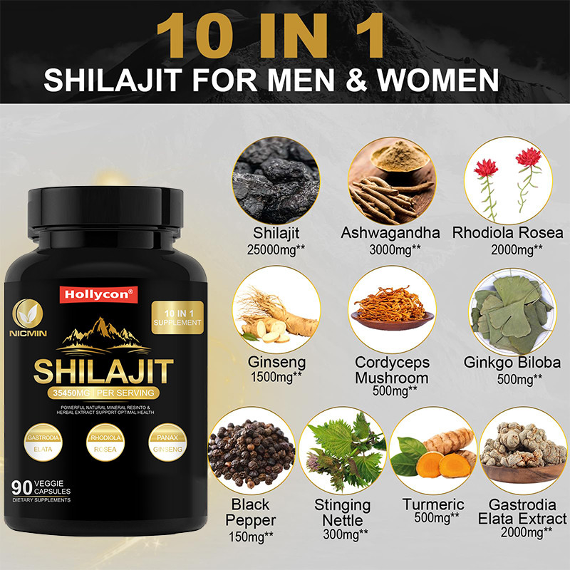 Supplément de Shilajit organique pur de l'Himalaya pour soutenir le système immunitaire 25000 mg de capsules de Shilajit