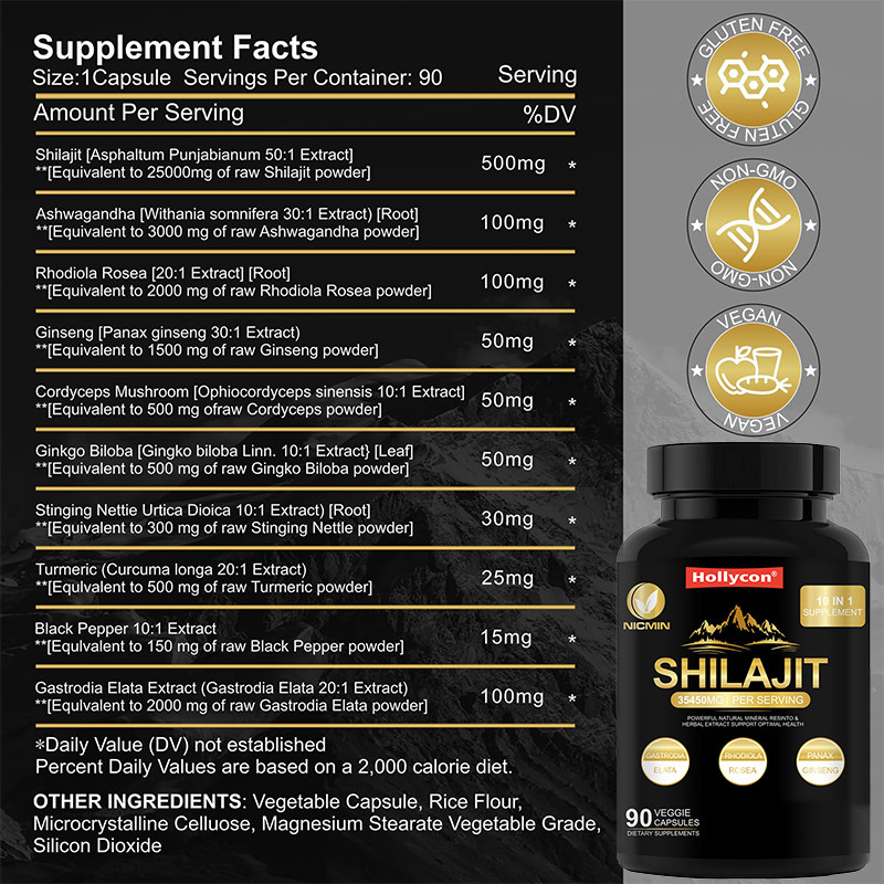 Supplément de Shilajit organique pur de l'Himalaya pour soutenir le système immunitaire 25000 mg de capsules de Shilajit