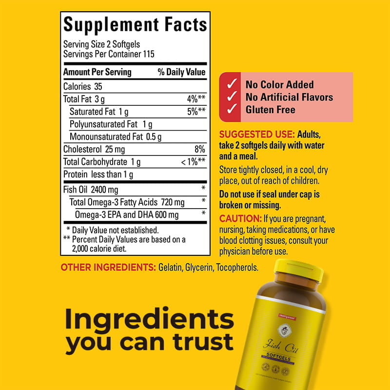 Huile de poisson Oméga 3 Suppléments 1200 mg Gels doux Oméga 3 Huile de poisson pour soutenir un cœur sain 230 Gels doux 115 journées