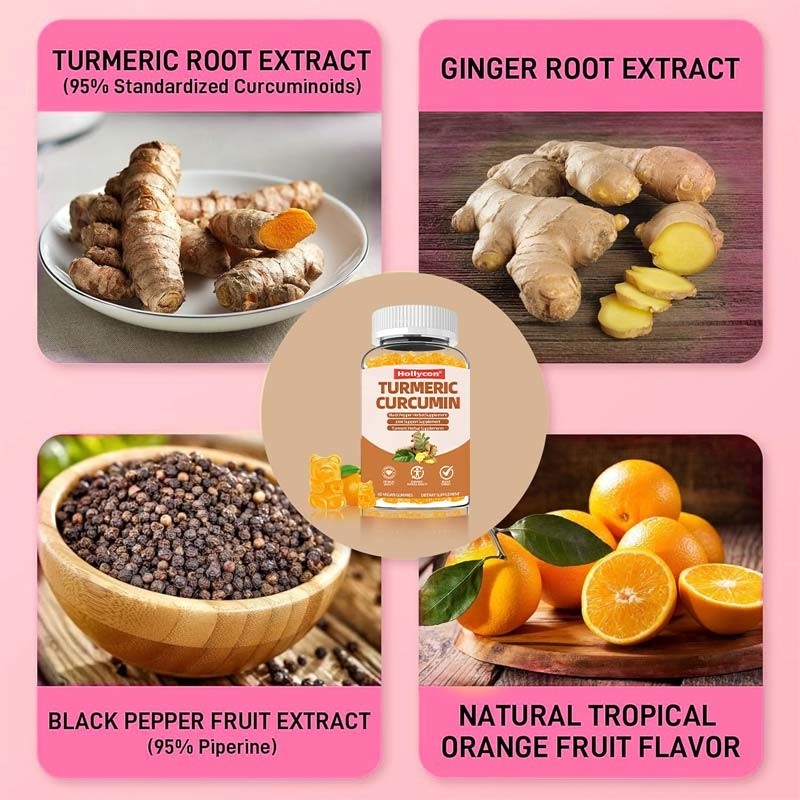 Les gommes de curcumine au curcuma avec le gingembre et le poivre noir soutiennent l'immunité, la peau saine et la santé des articulations pour les femmes, les hommes et les enfants
