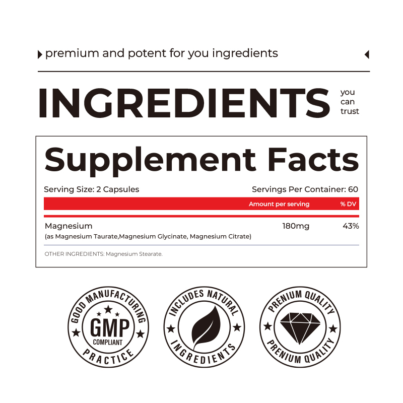 Capsules du complexe de magnésium étiquetage privé Suppléments de soutien de l'humeur pour adultes Améliorer l'absorption des nutriments