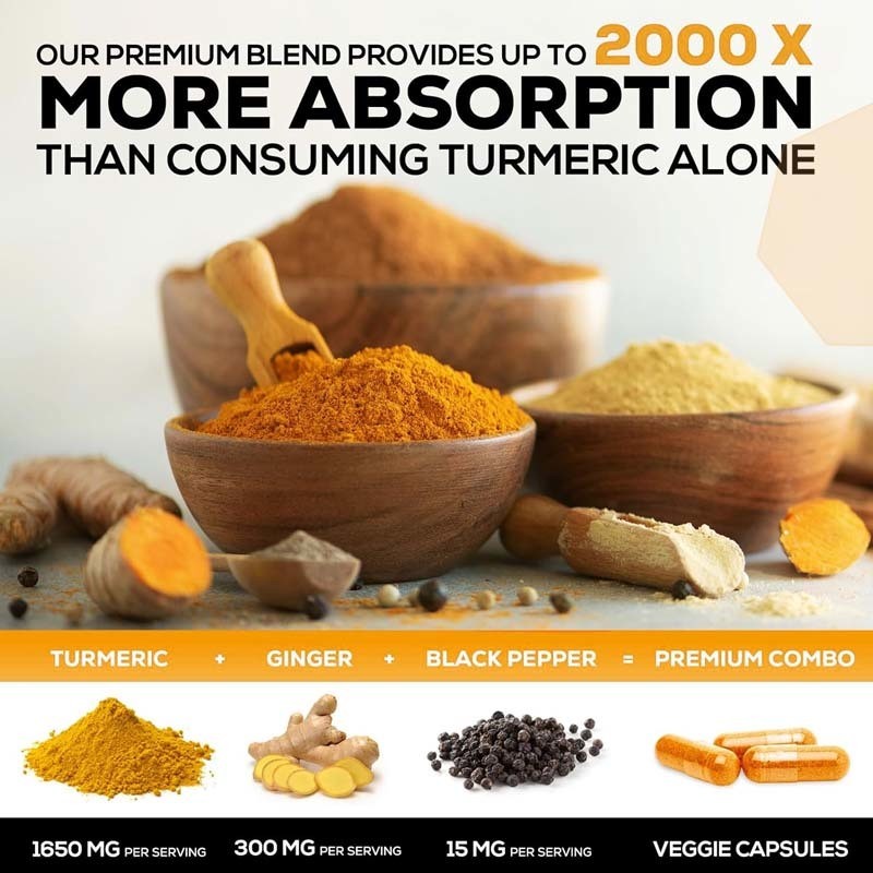Complément de curcuma et curcumine OEM avec curcuma biologique, gingembre et poivre noir pour une meilleure absorption, soutien articulaire, gélule de curcumine