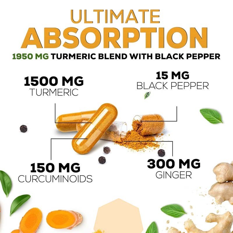 Complément de curcuma et curcumine OEM avec curcuma biologique, gingembre et poivre noir pour une meilleure absorption, soutien articulaire, gélule de curcumine