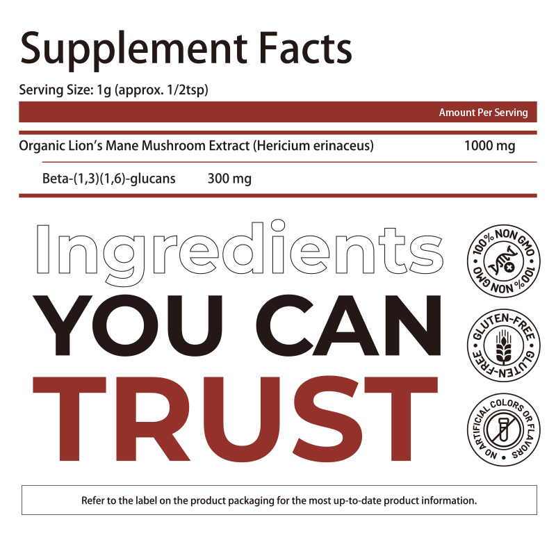 Poudre de supplément de crinière de lion biologique avec extrait de fructification 100 % et 30 % de bêta-glucanes pour le soutien cognitif - 150 grammes par sac