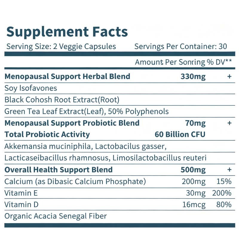 Suppléments probiotiques de ménopause fabriqués en usine OEM / ODM pour femmes - 60 milliards de probiotiques CFU Akkermansia pour l'équilibre hormonal, les sueurs nocturnes, le soulagement des bouffées de chaleur, la santé intestinale, formule personnalisée