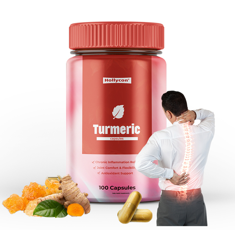Capsules de curcuma de marque privée contenant 100 capsules par flacon pour le soutien digestif et 3 capsules par jour