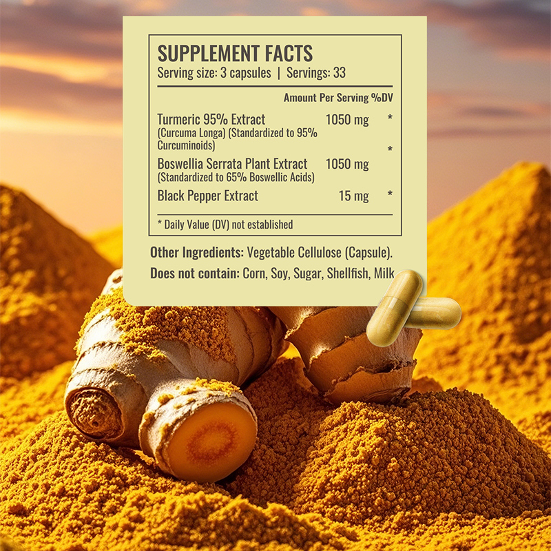 Capsules de curcuma de marque privée contenant 100 capsules par flacon pour le soutien digestif et 3 capsules par jour