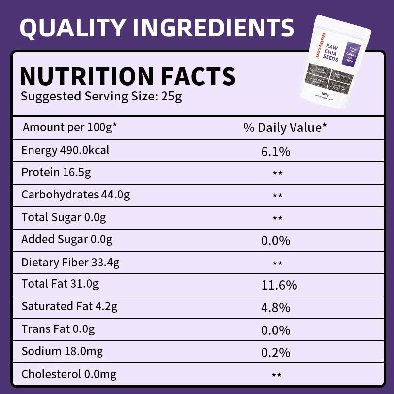 Graines de chia OEM / ODM 500g, paquet de 1 | Graines à consommer | Graines pour la gestion du poids | Riches en calcium, protéines et fibres, sans sucre ajouté, formule personnalisée