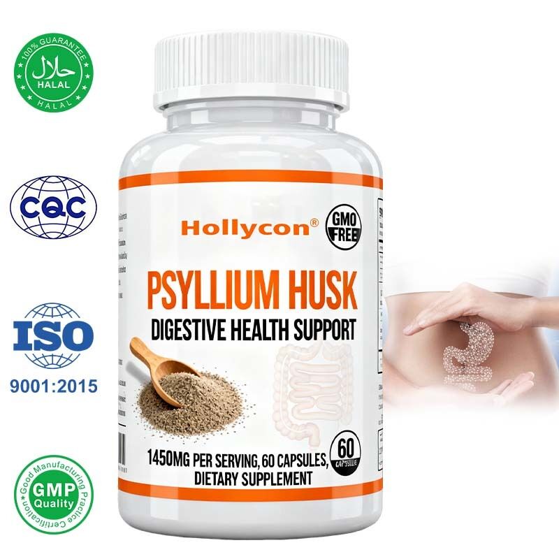 Psyllium Husk Capsules   60 Compte   Supplément de soutien intestinal et du côlon    Promote la santé et la régularité digestives    Non OGM, formule à haute teneur en fibres de marque privée, OEM disponible, prix d'usine