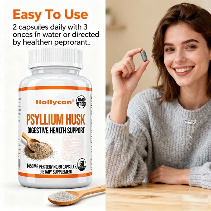 Psyllium Husk Capsules   60 Compte   Supplément de soutien intestinal et du côlon    Promote la santé et la régularité digestives    Non OGM, formule à haute teneur en fibres de marque privée, OEM disponible, prix d'usine