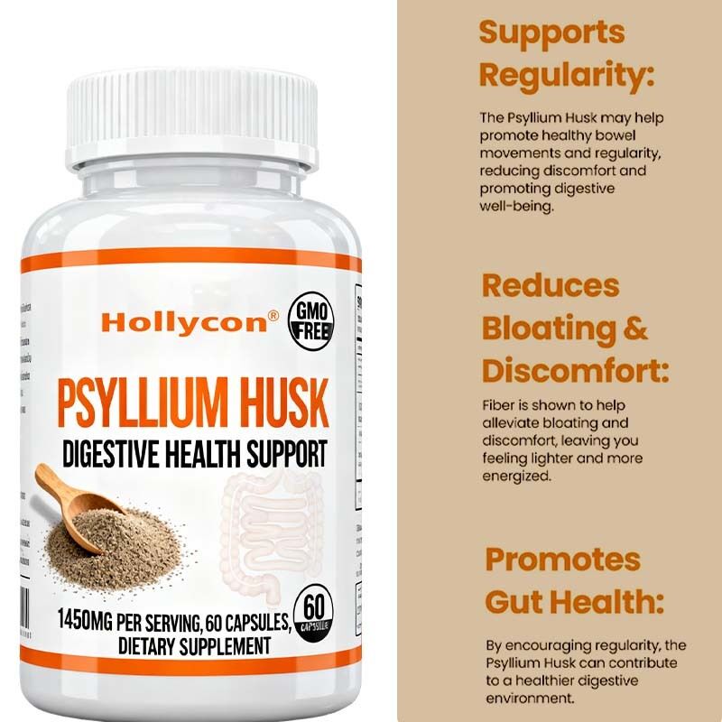 Psyllium Husk Capsules   60 Compte   Supplément de soutien intestinal et du côlon    Promote la santé et la régularité digestives    Non OGM, formule à haute teneur en fibres de marque privée, OEM disponible, prix d'usine