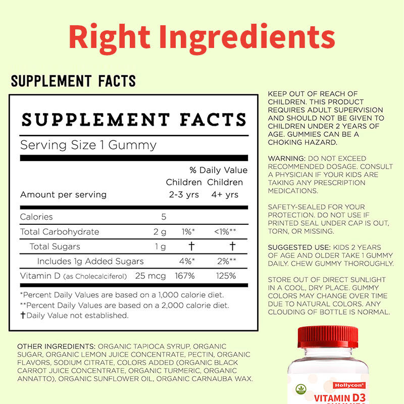 Produits biologiques pour enfants Vitamine D3 Vitamine D3 Supplément de gomme pour os et santé immunitaire Vitamine D3 gommeuses