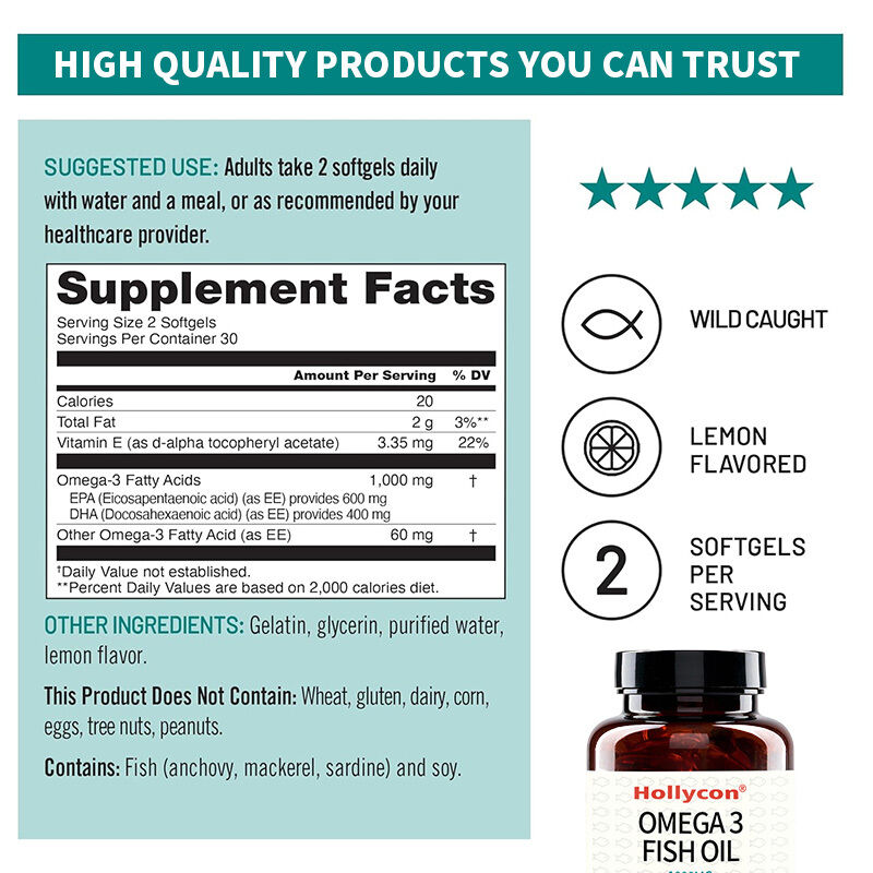 OEM Oméga 3 Supplément 1000 mg par portion 600 EPA & 400 DHA et vitamine E Soutien à la santé du cœur et du cerveau Oméga 3 huile de poisson