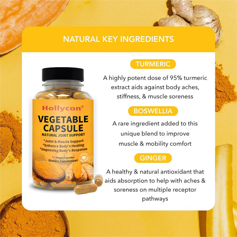 Supplément végétal de soutien naturel pour les articulations et les muscles avec curcumine de curcuma, boswellia et gingembre en capsules végétales