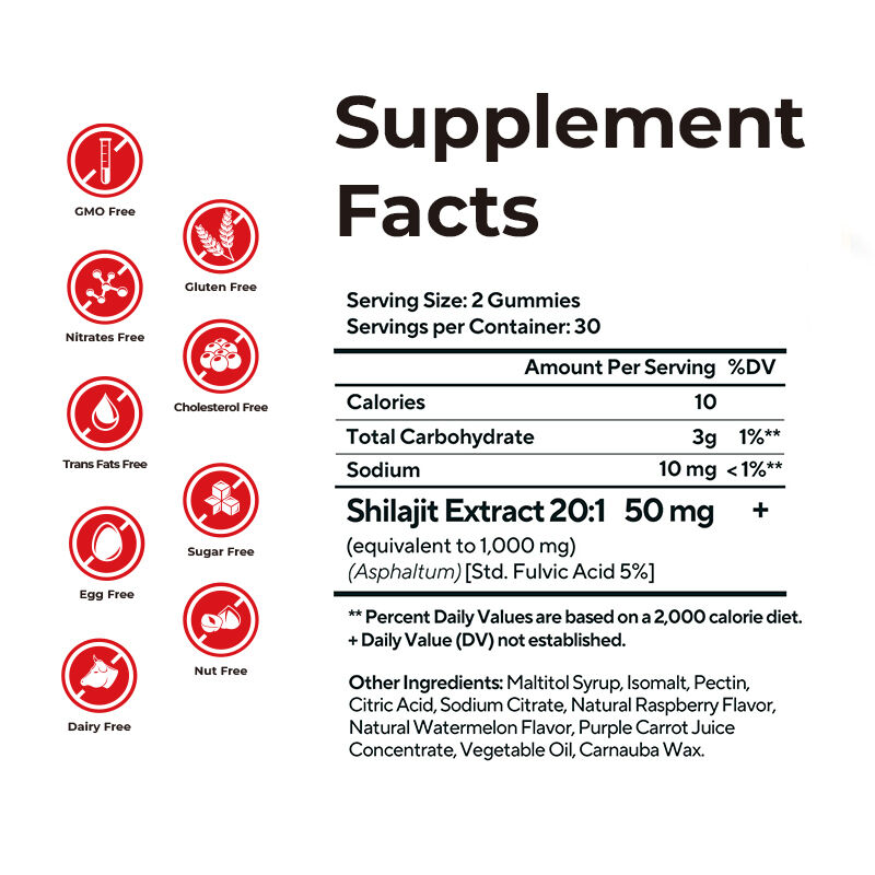 Shilajit Homme Gums Acide Fulvique Supplément sans sucre Maintient des niveaux d'énergie normaux et la fonction immunitaire