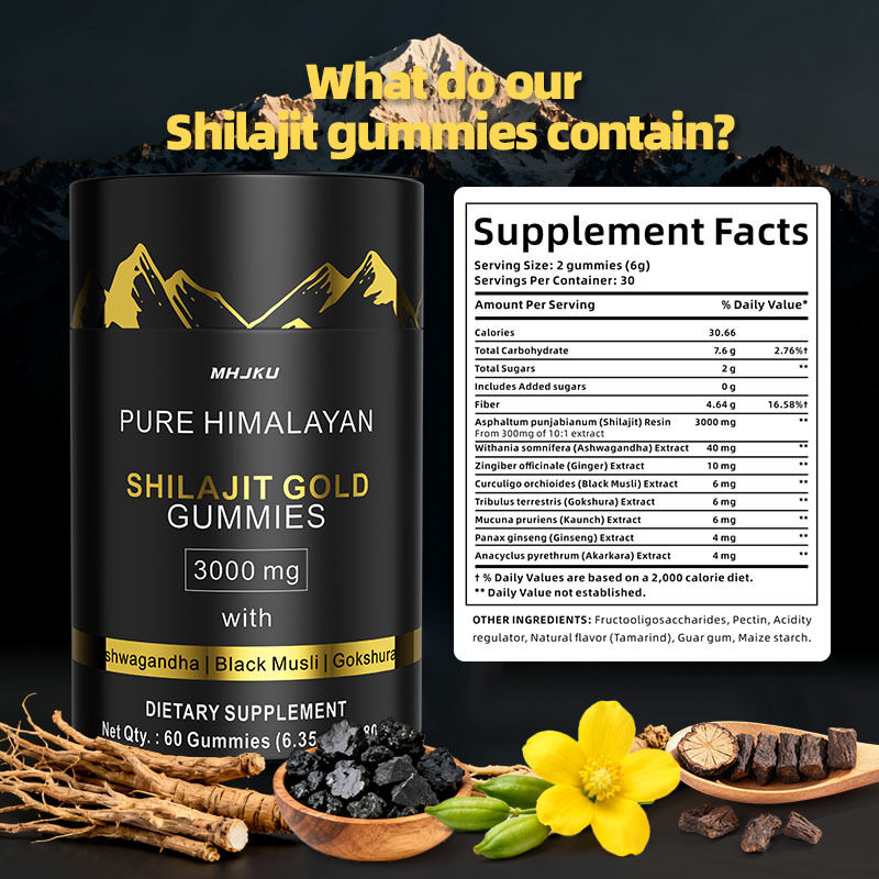 OEM 3000 mg avec Ashwagandha et énergie naturelle noire et soutien immunitaire Endurance et stimulation de l'humeur Pure Shilajit Gummies de l'Himalaya