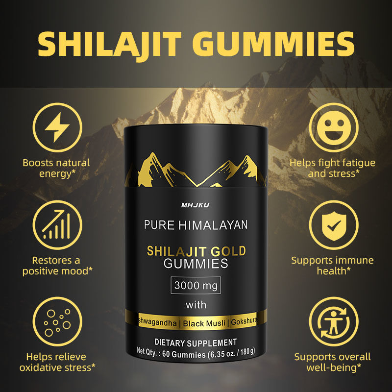 OEM 3000 mg avec Ashwagandha et énergie naturelle noire et soutien immunitaire Endurance et stimulation de l'humeur Pure Shilajit Gummies de l'Himalaya