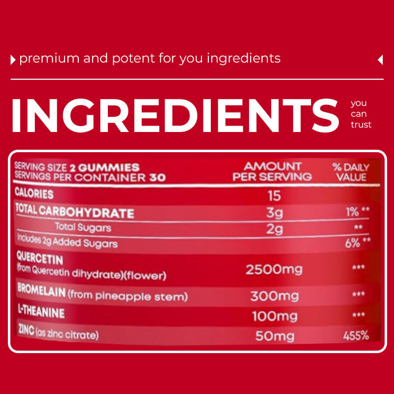 Étiquette privée Bromélaïne L-théanine Zinc Suppléments végétaliens Suppléments pour enfants Adultes Quercétine gommes