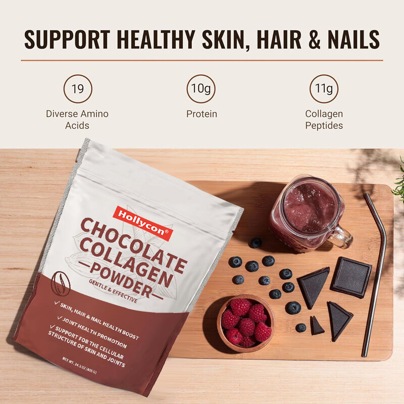 Péptides de collagène OEM poudre pour cheveux, peau, ongles soutient les articulations de type I et III Suppléments de collagène nourris à l'herbe Chocolat poudre de collagène