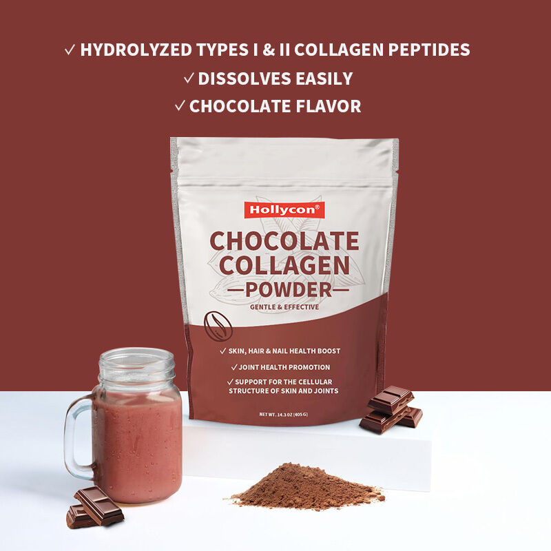 Péptides de collagène OEM poudre pour cheveux, peau, ongles soutient les articulations de type I et III Suppléments de collagène nourris à l'herbe Chocolat poudre de collagène