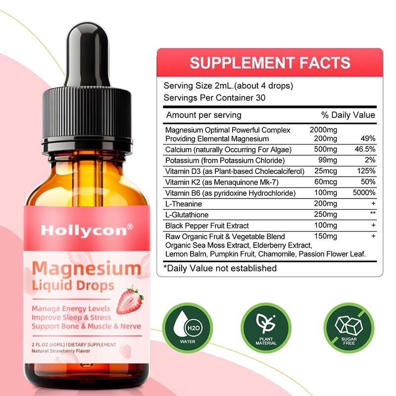 Supplément complexe de magnésium hautement dosé pour améliorer le sommeil et soutenir la croissance osseuse et musculaire, gouttes liquides de magnésium