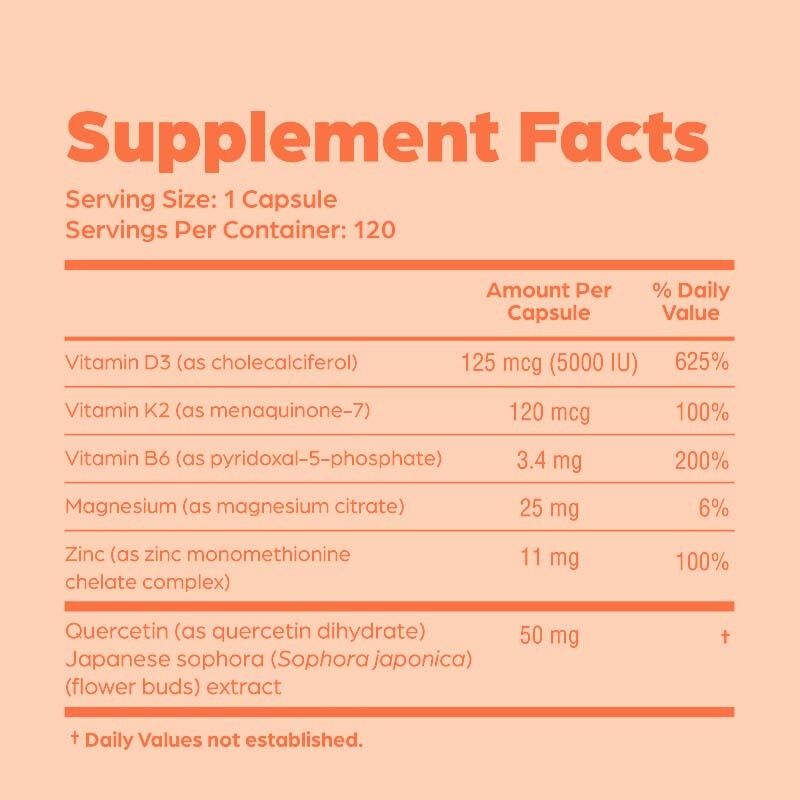 Les capsules de vitamine D3 K2 contenant de la vitamine B6, du zinc et de la quercétine soutiennent la santé énergétique, immunitaire et musculaire des hommes et des femmes