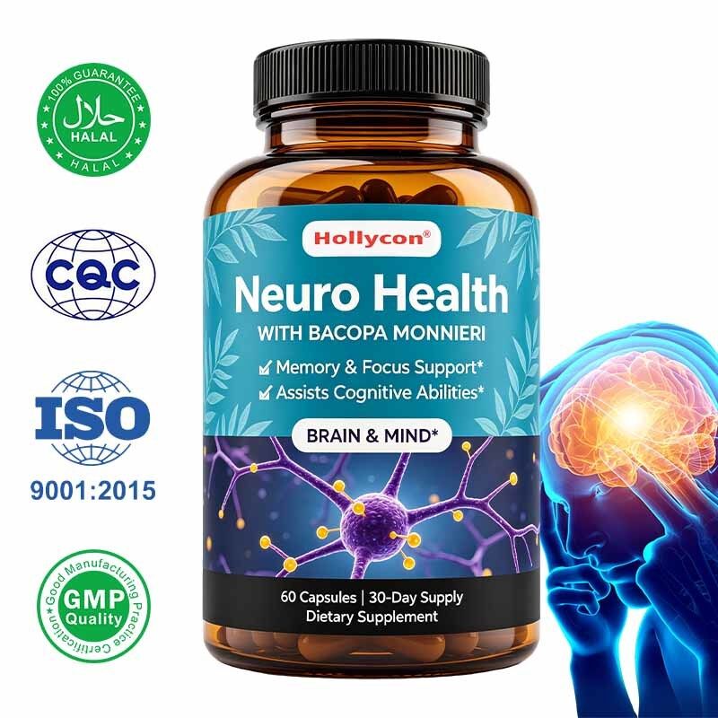 Capsules de Bacopa Monnieri avec extrait végétal naturel pour améliorer la mémoire et la concentration - Étiquette personnalisée
