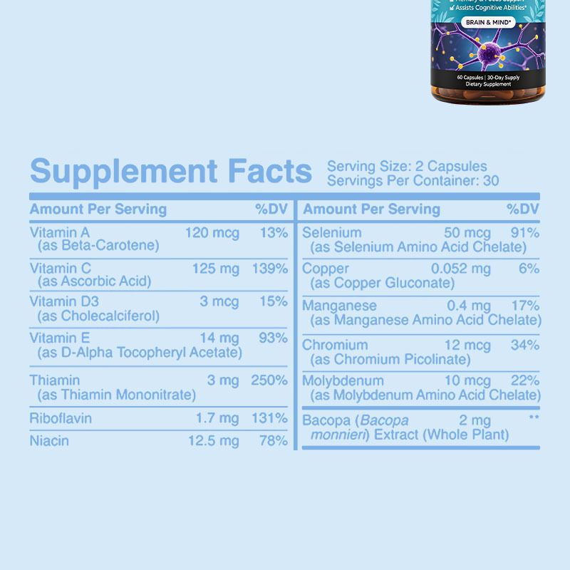Capsules de Bacopa Monnieri avec extrait végétal naturel pour améliorer la mémoire et la concentration - Étiquette personnalisée